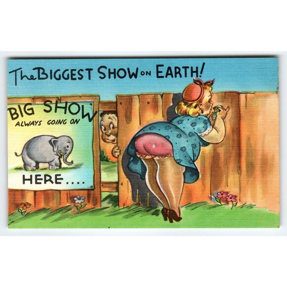 Vintage 1950s Linen Comic Postcard Big Show Here Elephant Humor - Picture 1 of 2